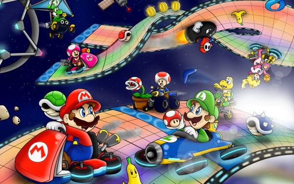 A vibrant HD wallpaper featuring characters from Mario Kart 8, including Mario, Luigi, Toad, Princess Peach, and others racing on a colorful track amidst fun obstacles.