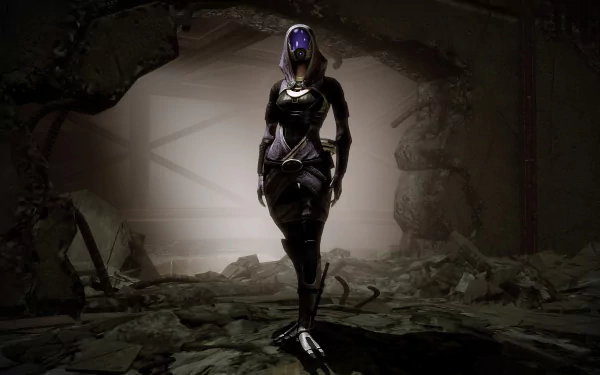 HD PC desktop wallpaper featuring Tali'Zorah from the Mass Effect video game series standing in a dark, ruined environment.