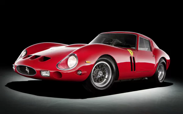HD desktop wallpaper featuring a classic red Ferrari 250 GTO vehicle against a dark background, highlighting its sleek and iconic design.