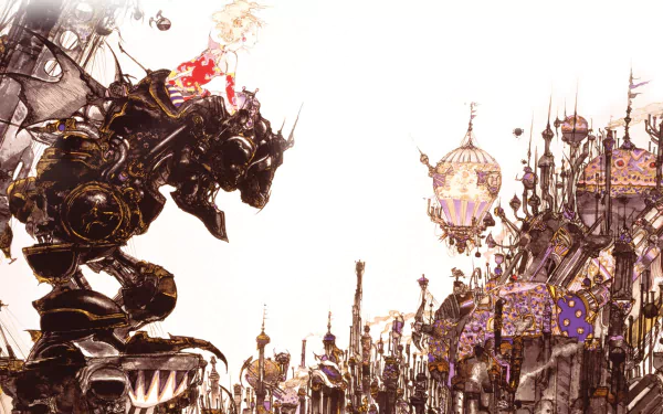HD desktop wallpaper featuring a detailed fantasy robot from Final Fantasy III, set against a vibrant, intricate cityscape with floating airships.