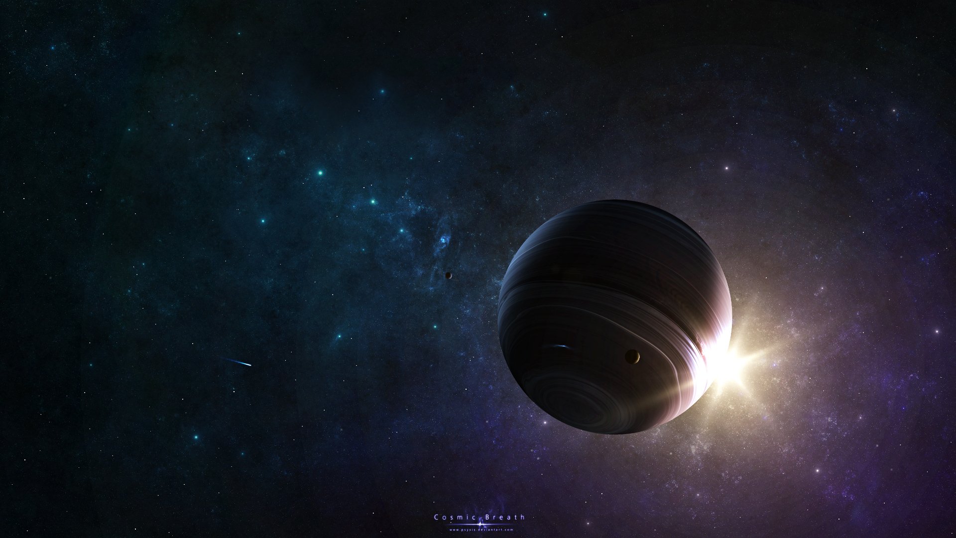 HD PC desktop wallpaper of a sci-fi scene featuring a dark planet with a bright star shining behind it against a deep space backdrop.
