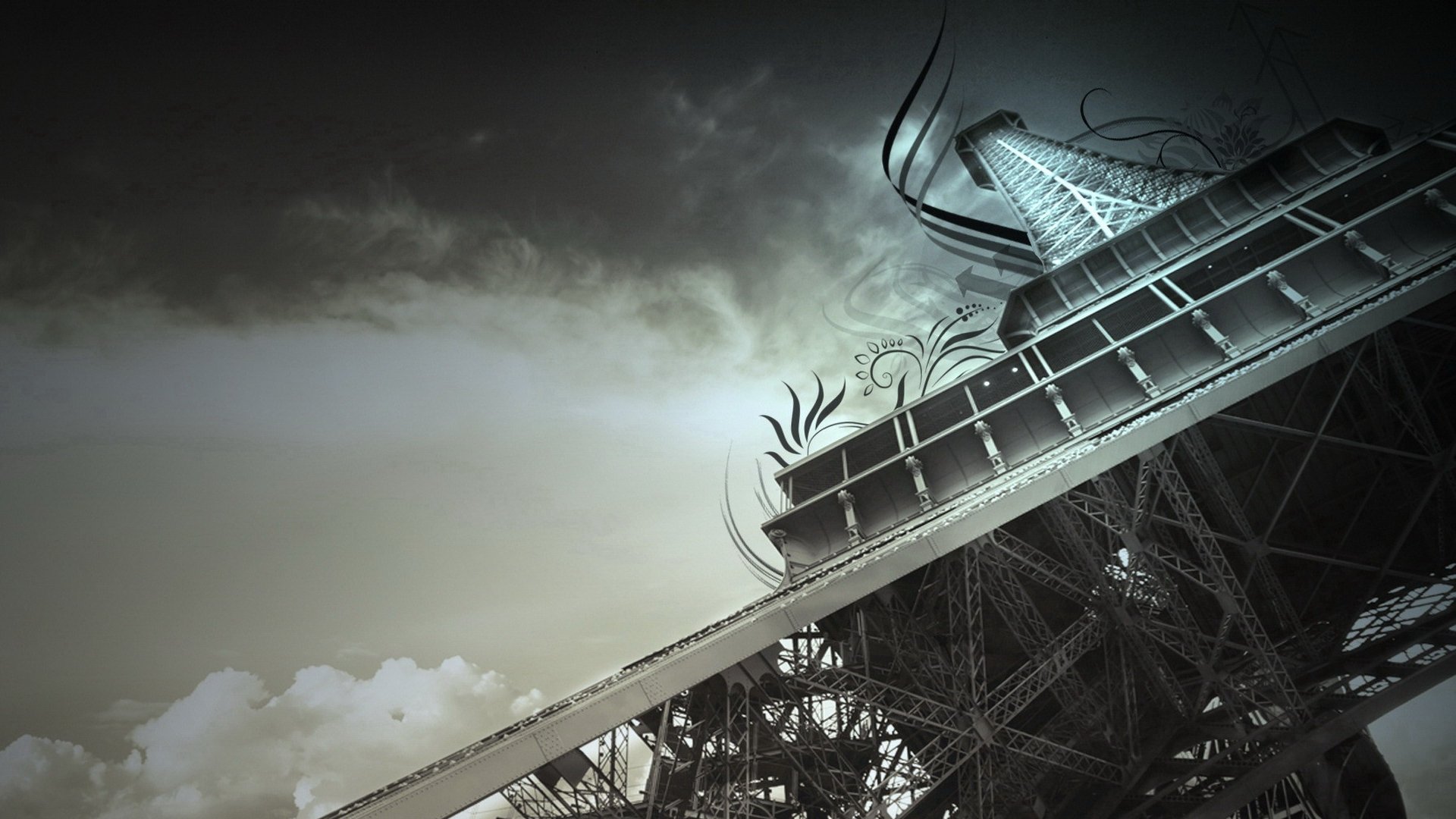 Abstract grey-toned HD PC desktop wallpaper featuring a surreal architectural structure set against a cloudy sky.