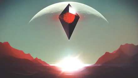 A striking HD desktop wallpaper from No Man's Sky, featuring a dark crystal hovering above a distant planet and a glowing sunrise illuminating a vivid landscape.