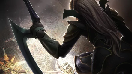 HD PC desktop wallpaper featuring Diana from the video game League of Legends, showcasing her in dark armor with a crescent-shaped blade.