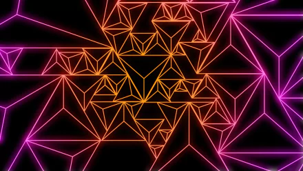 HD PC desktop wallpaper featuring a vibrant abstract design with interconnected orange and purple geometric lines forming triangles on a dark background.