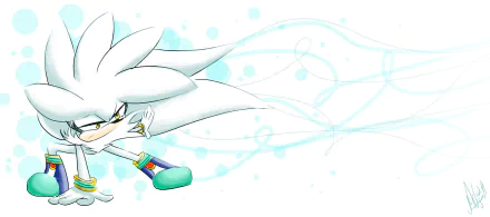 Silver the Hedgehog from the video game Sonic the Hedgehog (2006) is depicted in a dynamic pose, set against a light blue background with flowing lines and circular patterns.