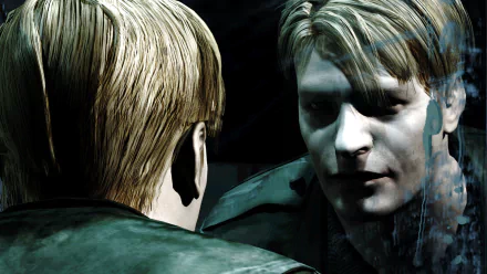 HD PC desktop wallpaper from the video game Silent Hill 2: James Sunderland stares into a rain-streaked mirror, pale face and tense expression under moody, cinematic lighting.