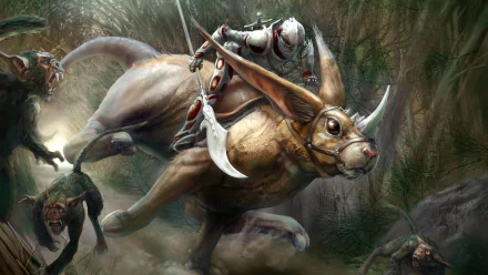 A fantasy warrior clad in armor rides a large horned creature through a dense forest, captured in a dynamic 4K Ultra HD PC desktop wallpaper scene.