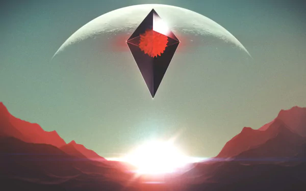 A striking HD desktop wallpaper from No Man's Sky, featuring a dark crystal hovering above a distant planet and a glowing sunrise illuminating a vivid landscape.
