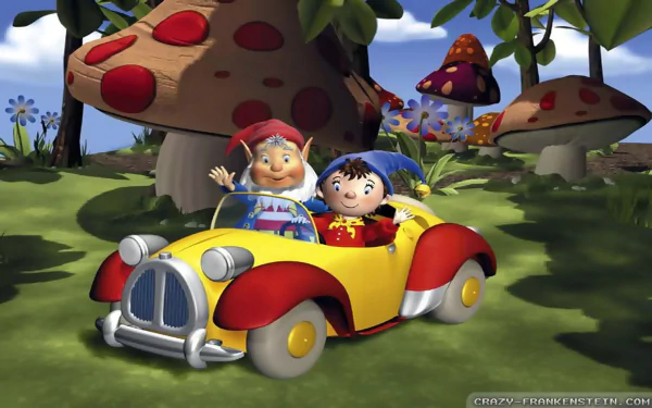 HD PC desktop wallpaper of TV show Noddy: Noddy and a friend in a yellow-red car driving through a sunny, mushroom-studded cartoon landscape.
