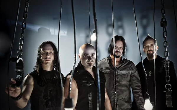 A stunning HD wallpaper featuring the band Disturbed, known for their nu metal, hard rock, and heavy metal music. The image captures the band's powerful presence and unique style.