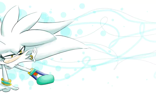 Silver the Hedgehog from the video game Sonic the Hedgehog (2006) is depicted in a dynamic pose, set against a light blue background with flowing lines and circular patterns.