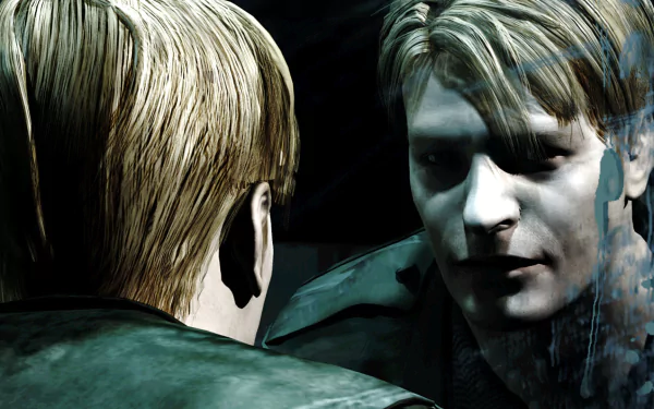 HD PC desktop wallpaper from the video game Silent Hill 2: James Sunderland stares into a rain-streaked mirror, pale face and tense expression under moody, cinematic lighting.
