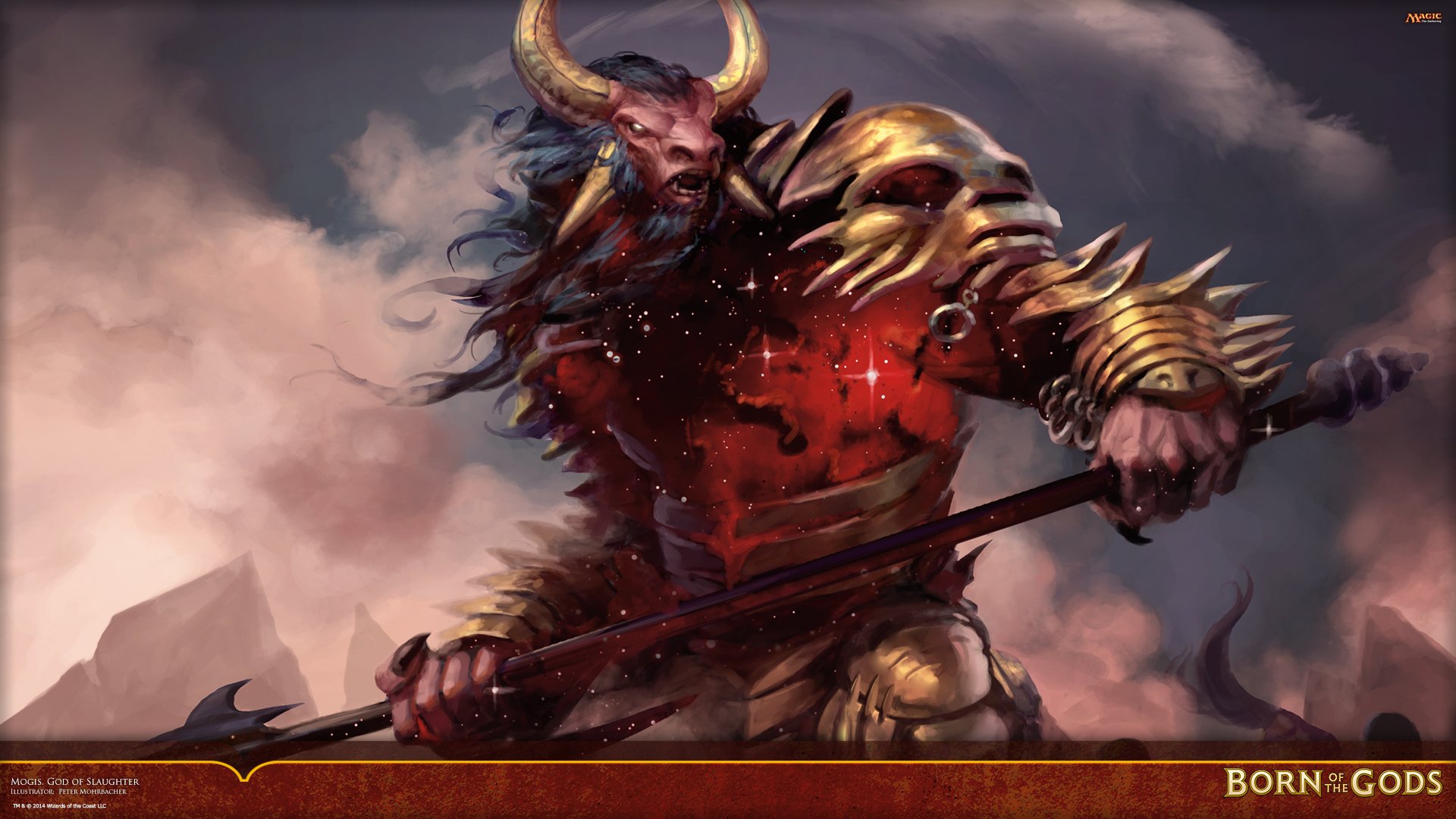 Man-made Magic: The Gathering HD PC desktop wallpaper: horned, armored demonic warrior with spiked gold armor and bloodied polearm against a smoky battlefield sky.