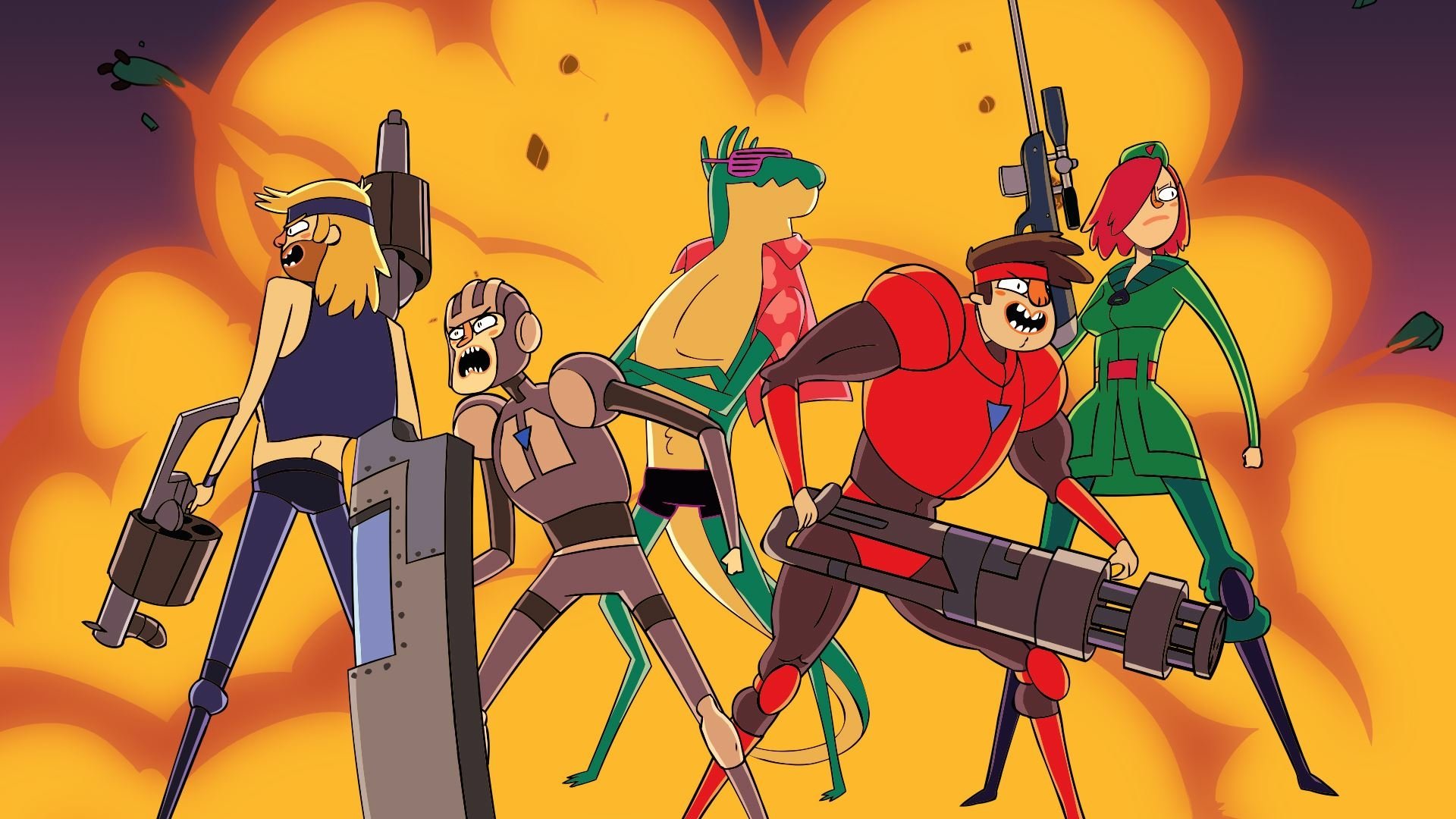 Colorful Super Time Force video game wallpaper showing six armed, stylized heroes posing in front of a fiery explosion, HD PC desktop background.