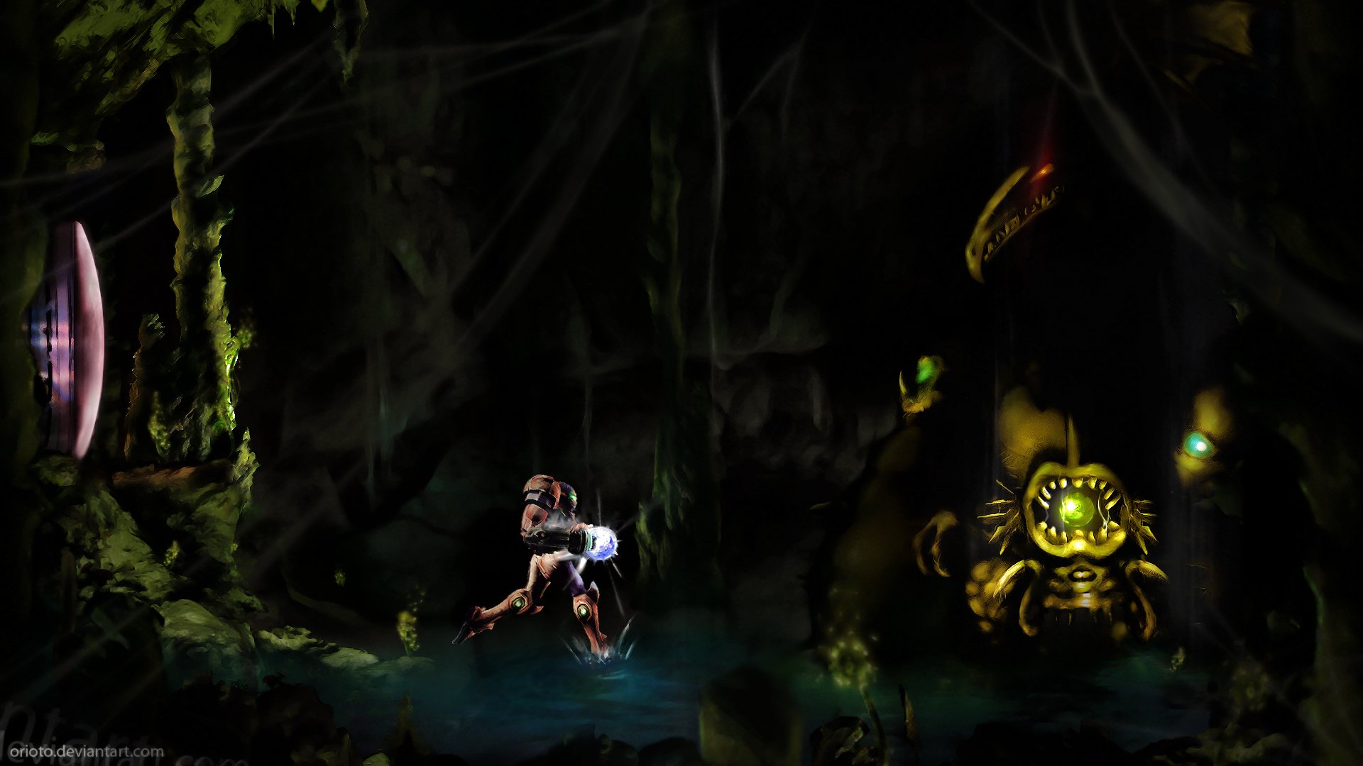 HD PC desktop wallpaper/background: Metroid video game scene of Samus kneeling in a dark, vine-choked cavern, bioluminescent flora casting light on a glowing golden alien.