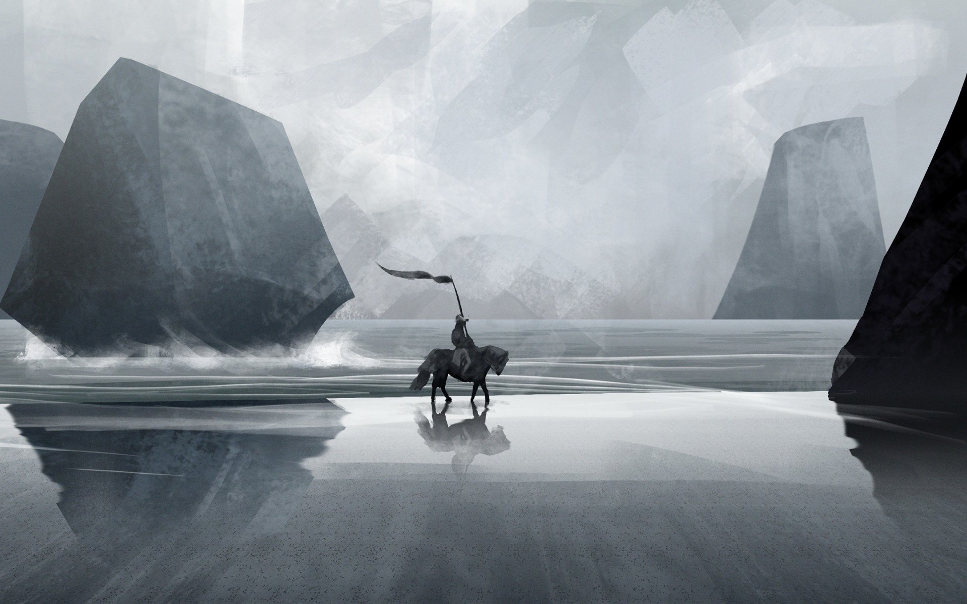 Fantasy knight on horseback rides across a misty beach with towering rock formations, creating a dramatic, atmospheric HD PC desktop wallpaper background.