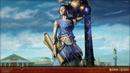 HD desktop wallpaper featuring a man-made statue from Magic: The Gathering, depicting a celestial figure pouring a starry, cosmic substance from a large vessel.