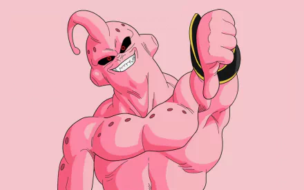 HD desktop wallpaper featuring Majin Buu from Dragon Ball Z, showcasing his iconic pink appearance with a thumbs-down gesture against a matching pink background.