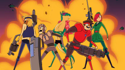Colorful Super Time Force video game wallpaper showing six armed, stylized heroes posing in front of a fiery explosion, HD PC desktop background.