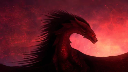 HD fantasy PC desktop wallpaper featuring a fierce red dragon with glowing eyes against a fiery, smoky background.
