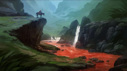 A vivid fantasy landscape featuring a lone rider on a horse overlooking a vibrant red river and cascading waterfalls, set against lush, mountainous terrain. HD PC desktop wallpaper.