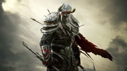 HD wallpaper of a warrior from The Elder Scrolls V: Skyrim, clad in detailed armor and helm, with arrows in his back under a stormy sky.