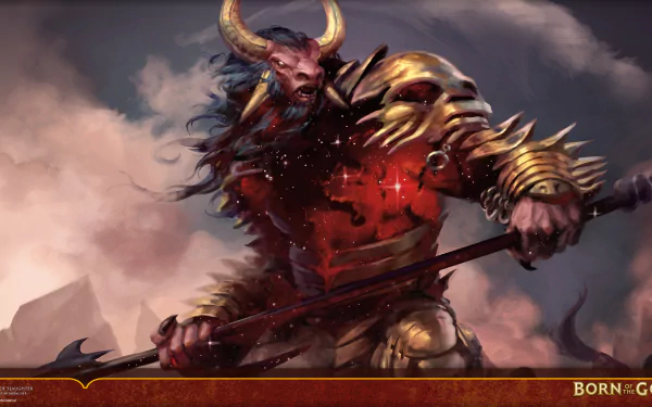 Man-made Magic: The Gathering HD PC desktop wallpaper: horned, armored demonic warrior with spiked gold armor and bloodied polearm against a smoky battlefield sky.