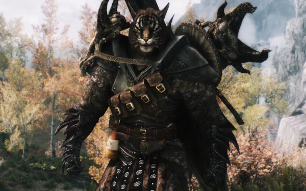 A striking HD desktop wallpaper from The Elder Scrolls V: Skyrim, featuring a fierce Khajiit warrior adorned in intricate armor against a vibrant natural backdrop.