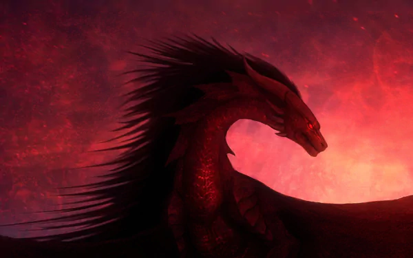 HD fantasy PC desktop wallpaper featuring a fierce red dragon with glowing eyes against a fiery, smoky background.