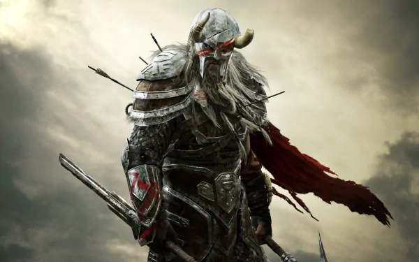 HD wallpaper of a warrior from The Elder Scrolls V: Skyrim, clad in detailed armor and helm, with arrows in his back under a stormy sky.