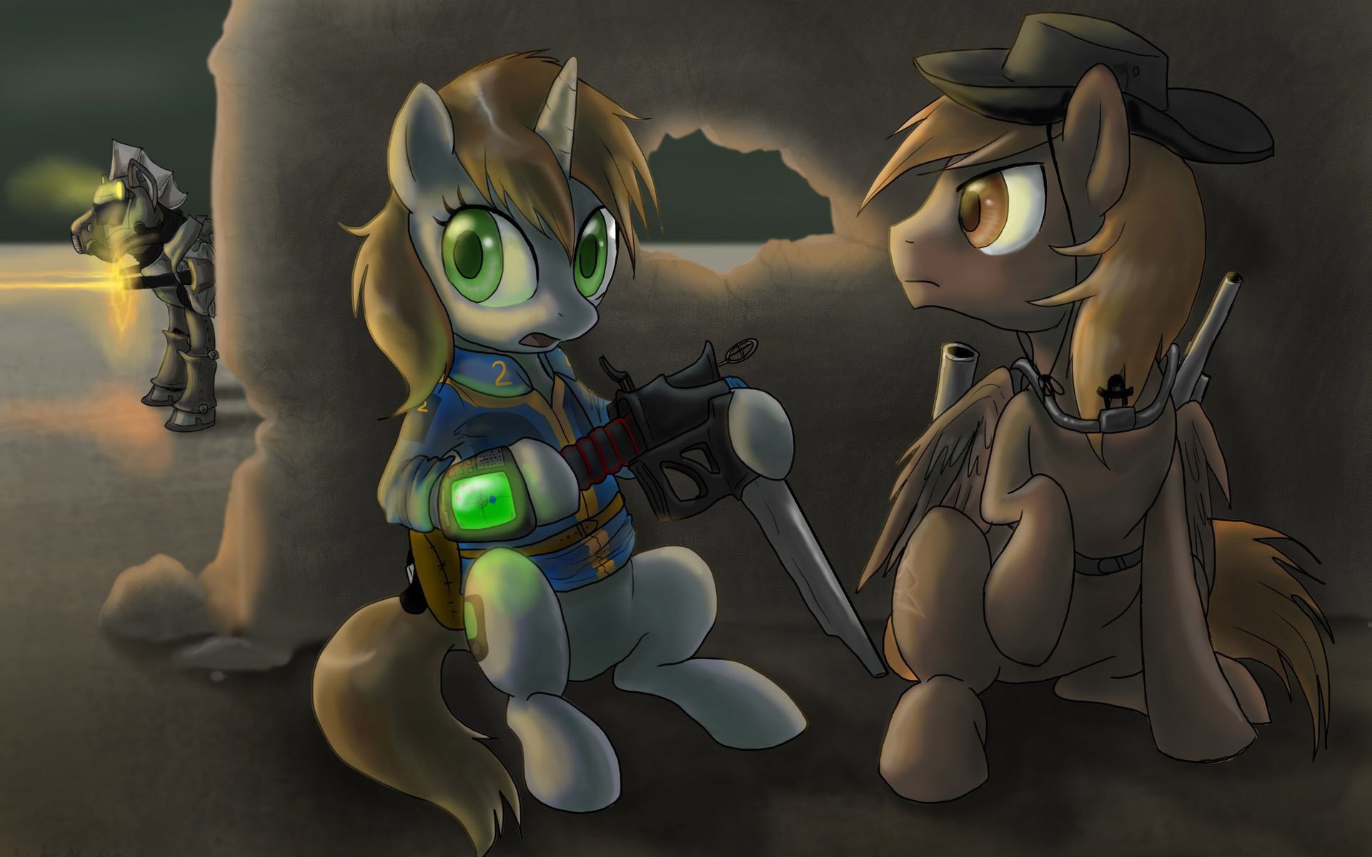 HD PC desktop wallpaper and background: My Little Pony (TV show) crossover — two ponies in post-apocalyptic gear in a dim ruined corridor, one holding a makeshift sword.