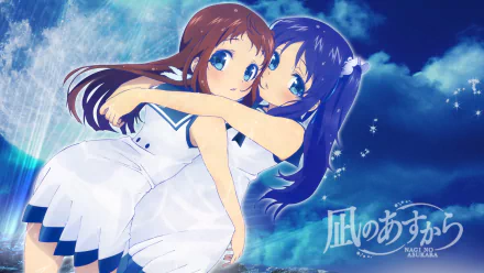 HD wallpaper featuring Manaka Mukaido and Chisaki Hiradaira from the anime Nagi no Asukara. The two characters are embracing, set against a vibrant, oceanic background with the anime title in the corner.