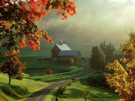 A serene farm landscape featuring a charming man-made house surrounded by vibrant autumn trees and gentle rolling hills, captured in stunning HD detail.