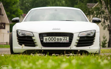 A sleek white Audi R8 is showcased in this HD desktop wallpaper, parked on a grassy area with a clear view of its distinctive front design and license plate.