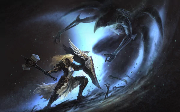 HD wallpaper featuring a Crusader from Diablo III: Reaper of Souls, engaged in battle against a spectral adversary in a dramatic, dark setting.