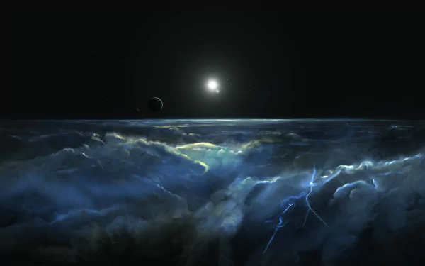 HD desktop wallpaper featuring a dramatic sci-fi planetscape with a vivid display of electrical storms in cloud-covered terrain under a distant cosmic sky with bright celestial bodies.