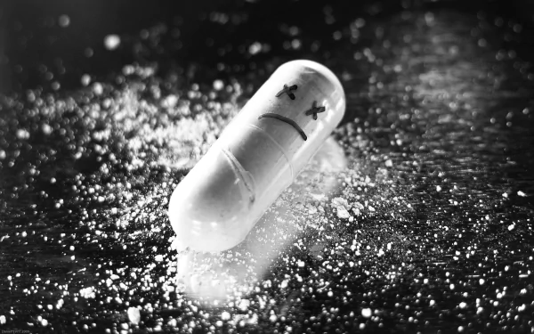 HD wallpaper featuring a close-up of a single capsule pill on a sparkling dark surface, presenting a sleek and minimalist pharmaceutical theme.