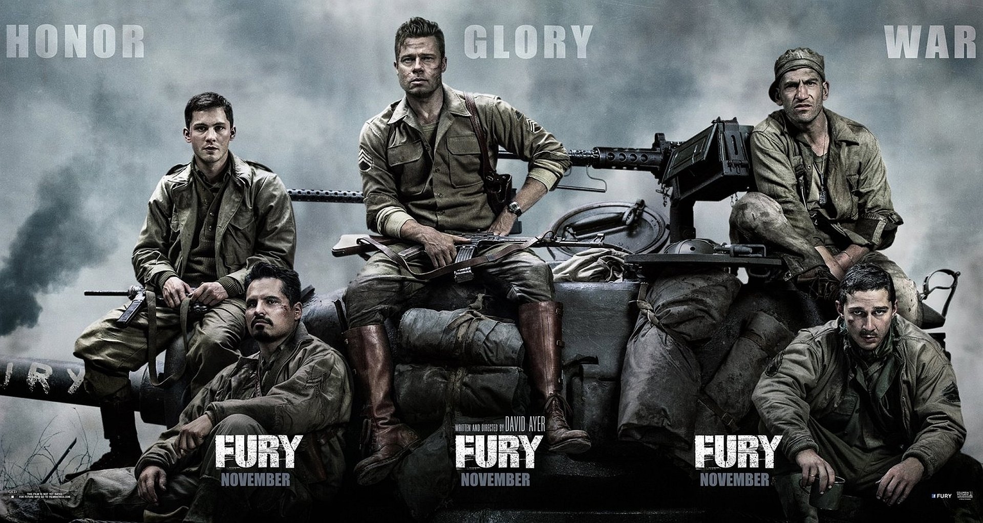 HD PC desktop wallpaper of the movie Fury: five battle-worn WWII soldiers posed on and around a tank under a stormy sky, with the title Fury and release text along the bottom.