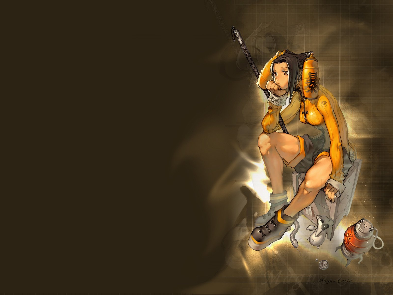 HD PC desktop wallpaper and background from the video game Magna Carta: an orange-hooded female warrior crouches with a small creature at her feet against a muted brown backdrop.