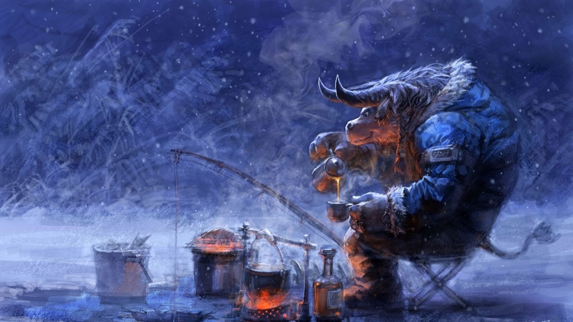 HD PC desktop wallpaper depicting a World of Warcraft character fishing peacefully in a snowy, nighttime forest setting.