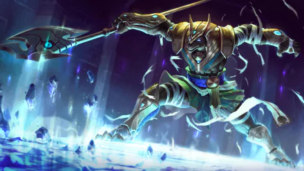 A dynamic HD wallpaper featuring Nasus from League of Legends, showcasing his powerful stance and iconic weapon in a vibrant, mystical setting.
