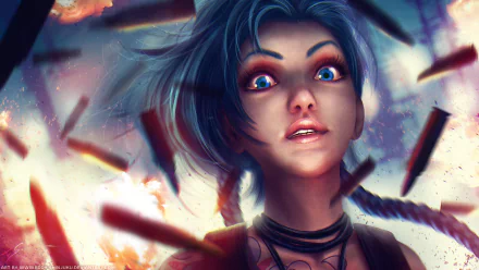 HD desktop wallpaper featuring Jinx from the video game League of Legends, with her iconic blue hair and wild expression amidst an explosive background.
