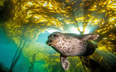 A serene underwater scene featuring a seal swimming gracefully among vibrant kelp, making for a captivating HD desktop wallpaper and background.