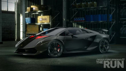 HD PC desktop wallpaper featuring a sleek black sports car from the video game Need For Speed: The Run in a dimly lit garage setting.