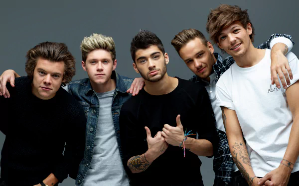 HD desktop wallpaper of the music group One Direction, featuring all five members standing closely together, smiling and posing against a grey background.