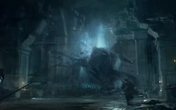 HD PC desktop wallpaper and background — Dwarf Fortress video game scene: a dwarf confronts a glowing, swirling shadow portal amid a ruined, torchlit stone hall.