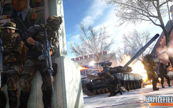 HD Battlefield 4 PC desktop wallpaper featuring armed soldiers and a tank in an urban winter combat scene under a bright sky.
