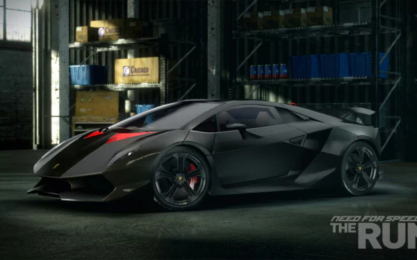 HD PC desktop wallpaper featuring a sleek black sports car from the video game Need For Speed: The Run in a dimly lit garage setting.