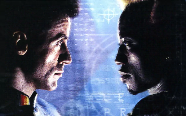 HD PC desktop wallpaper featuring a close-up face-off between two characters from the movie Demolition Man against a futuristic digital background.